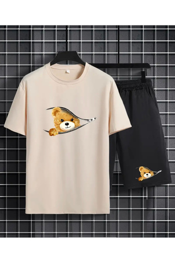 SimStone Bear Print 2-Piece Set for Men, Casual Short Sleeve Oversized T-Shirt and Summer Lace-Up Shorts Set