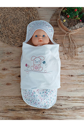 Ecenaz Newborn Rabbit Show Embroidered Snap Closure Baby Swaddle Ecru