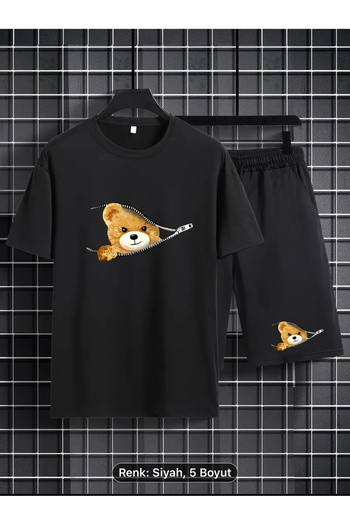 SimStone Bear Print 2-Piece Set for Men, Casual Short Sleeve Oversized T-Shirt and Summer Lace-Up Shorts Set