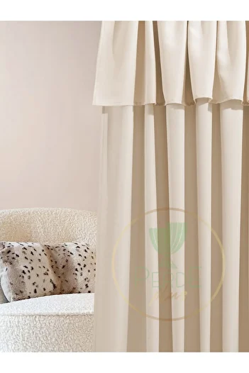 Perdeplus Decorative Layered Buldan Background Curtain with Farbela, Beige Color, Simple Design, Single Wing