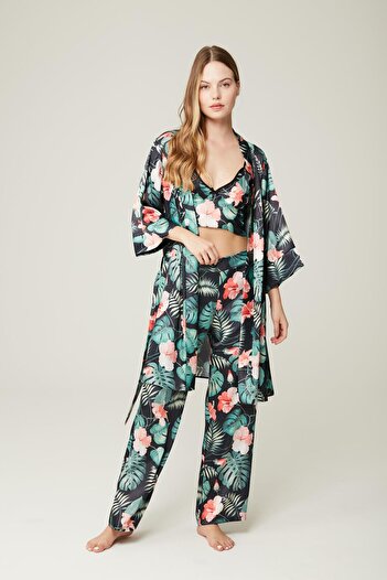 MISSDORE Ashley-Darkgreenflower Satin Dressing Gown Bustier Pant. Green