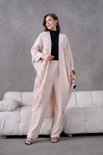 Miss Allos Women's Front Tulle Floral Embroidered Stone Detailed Linen Kimono and Pants Bottom Top Set
