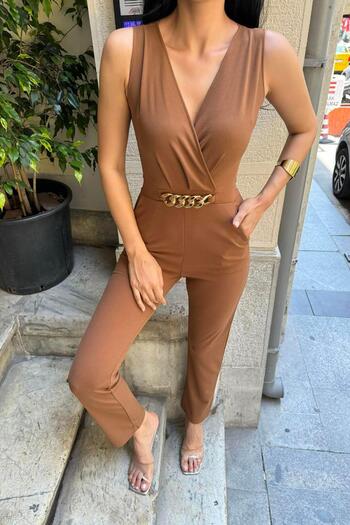 Deafox Brown Imported Crepe Fabric Jumpsuit with Chain Detail