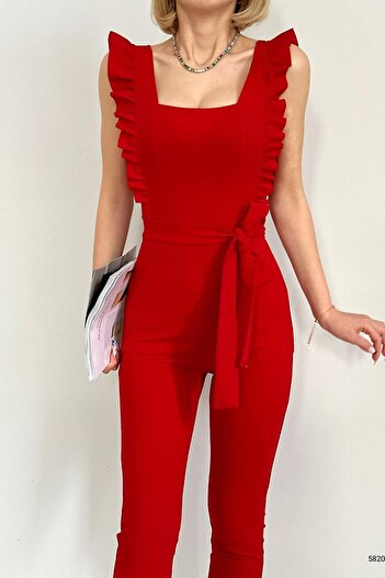Deafox Red Imported Crepe Fabric Collar Ruffle Jumpsuit