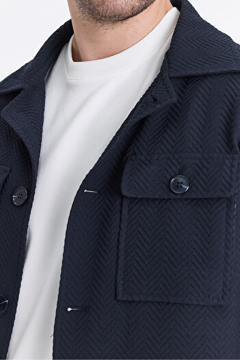 Frappoli Lores Men's Dark Navy Overshirt Stretching Pattern Fabric Spring Trench Jacket-Mont