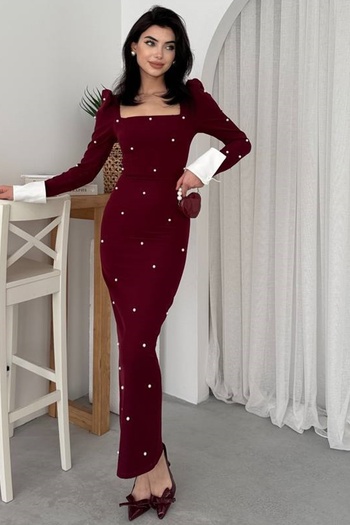 WOMAN VISION Rochie midi pentru femei, burgundy, cu mărgele perle, țesătură Atlas, guler pătrat, mâneci, design cu manșete 365