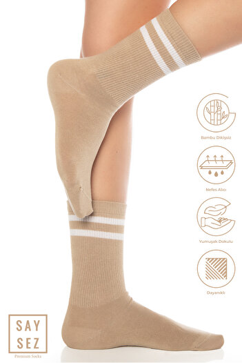 SAYSEZ Bamboo Unisex Tennis College Striped Premium Beige Mink Seamless Socks