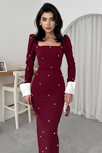 WOMAN VISION Rochie midi pentru femei, burgundy, cu mărgele perle, țesătură Atlas, guler pătrat, mâneci, design cu manșete 365