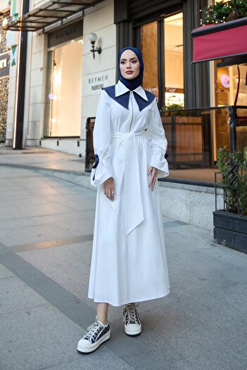 QUQA Poplin Ecru Dress - Denim Collar