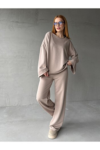 Cappmoda Tkm-1201 Stone Color Dirty Stitched Loose Model Blouse Palazzo Pants Two Thread Seasonal Double Suit