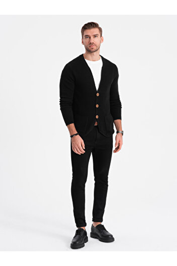 OMBRE Men's structured cardigan sweater with pockets - black V1 OM-SWCD-0109 XXL