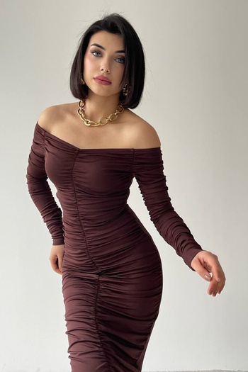 barış sülün lovebox Rochie midi de damă, elastică, din țesătură nisipoasă, fără bretele, cu decolteu adunat, maro, 338