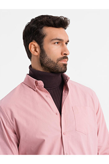 OMBRE Ανδρικό βαμβακερό πουκάμισο REGULAR FIT με τσέπη - ροζ V3 OM-SHOS-0153 L