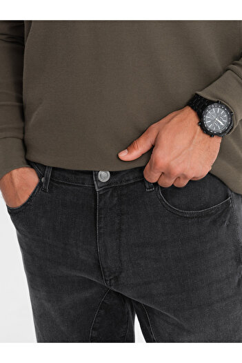 OMBRE Men's TAPER FIT denim pants with stitching and rolled up legs - black V3 OM-PADP-0161 S