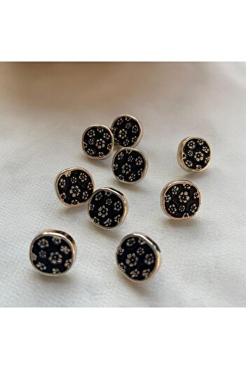 Bukle İplik Black Rose Gold Floral Pattern Plastic Button - 1.2 cm (20 Pcs)