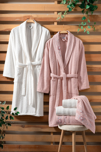 Fiesta Luxury Embroidered 6 Piece Bathrobe Set-Cream-Rose