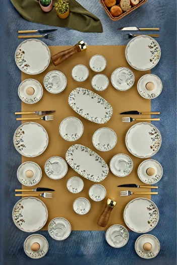 Cooker 34 Piece Porcelain Patterned Breakfast Set - Boat, Egg Holder, Plate, Jam Bowl, Snack Bowl