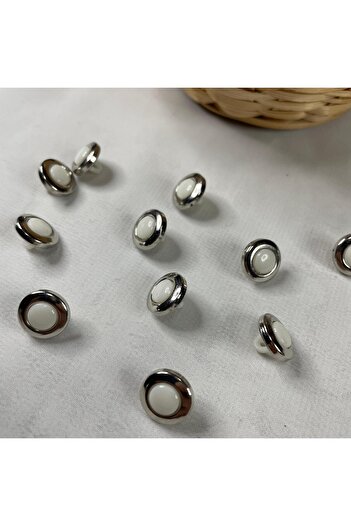 Bukle İplik Silver Metallized Plastic Button - White Round Detail, Bottom Stand, 1.2 cm Diameter (20 Pcs)