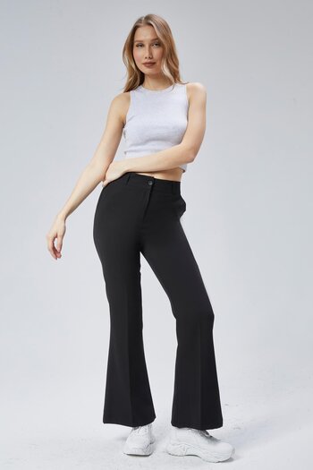 dk denemekabini Women's Spanish Leg Elastic Waist Fabric Trousers - Black