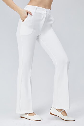 dk denemekabini Women's Spanish Leg Elastic Waist Fabric Trousers - White