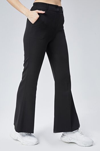 dk denemekabini Women's Spanish Leg Elastic Waist Fabric Trousers - Black