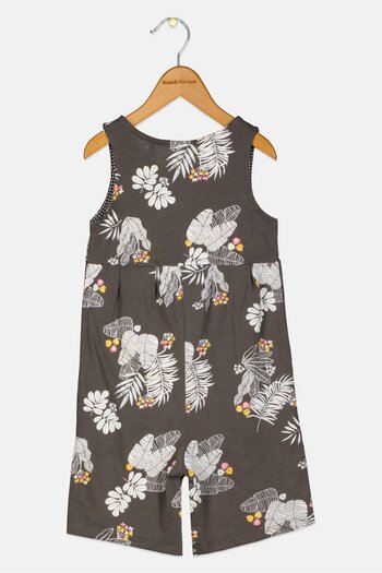 Cool Club Toddlers Girl Round Neck Floral Print Sleeveless Romper, Dark Grey Combo