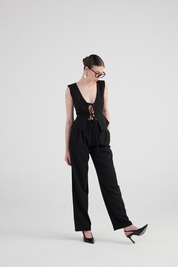 HOLLY LOLLY High Waist Wide Leg Pleated Black Palazzo Pants