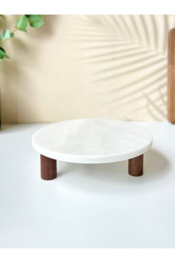 Mottogo Round Marble Presentation Stand – Wood Legs, 20 cm Diameter, 5.5 cm Height |   Cake and Serving Tray