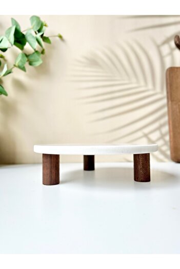 Mottogo Round Marble Presentation Stand – Wood Legs, 20 cm Diameter, 5.5 cm Height |   Cake and Serving Tray