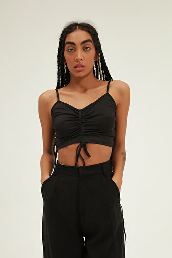 Quzu Strappy Drawstring Detailed Bustier Black