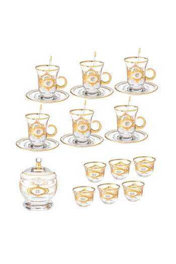 HIC Turkish Glass Tea and Coffee Set Platinum with Gold 26 Pieces