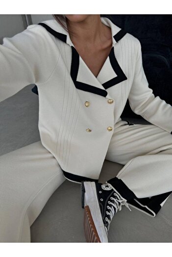 WEAR AND WEAR Women's Ecru Gold Buttoned Striped Knitwear Cardigan and Palazzo Trousers Top and Bottom Set Oversize Double Suit