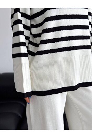 WEAR AND WEAR Women's Striped Thick Winter Knitwear Turtleneck Sweater Palazzo Trousers Bottom Top Set Oversize Double Suit