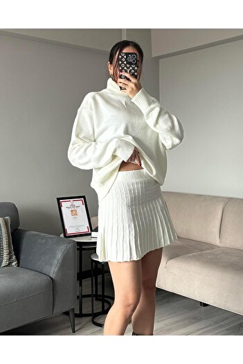 AB LOOKS Ecru Women's Winter Suit - Thick Sweater and Pleated Mini Skirt Cotton High Top Knitwear Design
