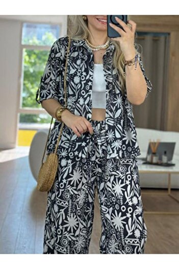 AB LOOKS Black Linen Double Set - Ethnic Patterned Shirt and Trousers, Summer Oversize Bottom and Top Set