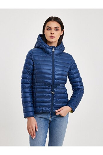 Ltb Plain Hooded Zippered Dark Blue Coat