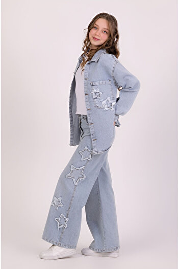 DMB BOYS & GIRLS Pantaloni de blugi pentru fete, cu detaliu stea premium, textura moale, cu picioare largi, cu picioare late