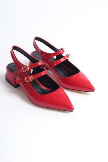 Bak Store Mary Jane Red Patent Leather Open Back Pointed Toe Short Heeled Shoes