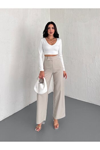 Gugus Women's New Model Fabric Pants Waist with Vecle Bucket Palazzo Wide Bucket
