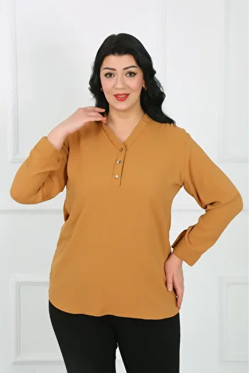 By Alba Collection Women's Mustard V-Neck Dubai Fabric Plus Size Shirt