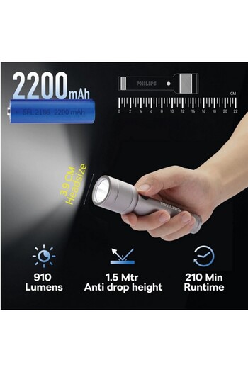 Philips 910 Lumens Aluminium Alloy Long Range LED Rechargeable Flashlight 15.1 x 2.5 x 3.8 cm