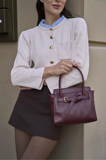Madamra Burgundy Women's Mini Belt Detailed Bag