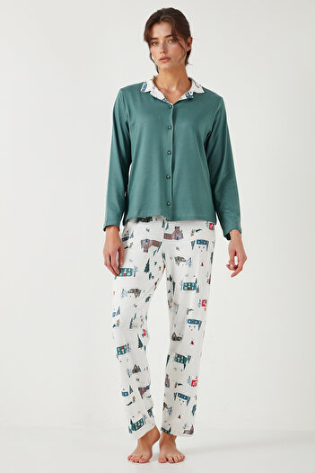 Lela Desenli Regular Fit Apaş Yaka Beli Lastikli Bol Paça Pijama Takımı Pijama Takımı 65714300