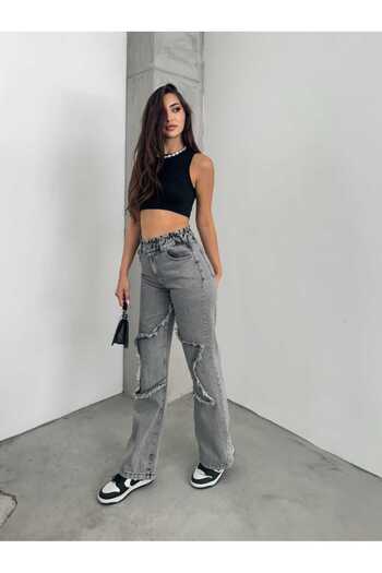 SHEVEGA Women's Smoked Leg Starred Wide Leg Jeans Jeans Pants