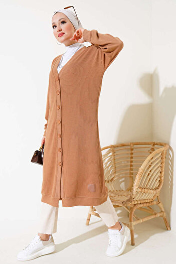 VOLT CLOTHİNG Women's Tall Buttoned Ribbed Long Cardigan