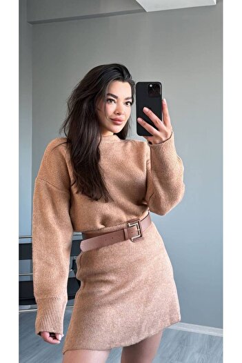 manana fashion Σετ πλεκτό δύο τεμαχίων φούστα Camel Sweater