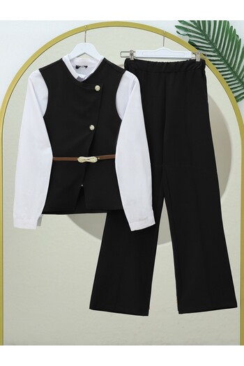 Modamorfo Wide Leg Trousers Suit with Waistcoat Belt -Black