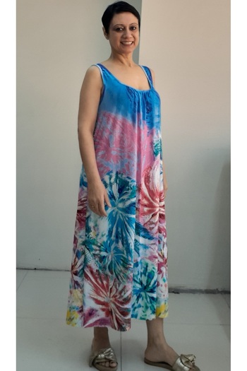 Mertcan Butik Blue Pink Yellow Print Gathered Front Back Combed Cotton Viscose Dress