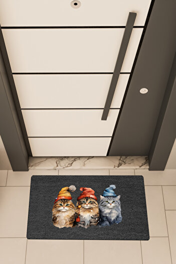 Dormot High Quality Digital Printing Black, Cats with Hats Theme Door Front Mat