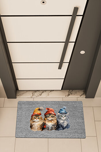 Dormot High Quality Digital Printing Grey, Cats with Hats Theme Door Front Mat
